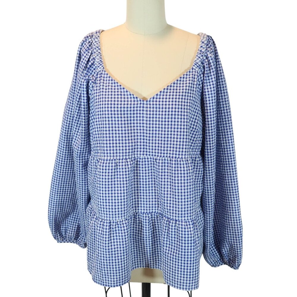OLD NAVY Gingham Check Tiered Balloon Sleeve Top XLT Boho Preppy Peasant Blue